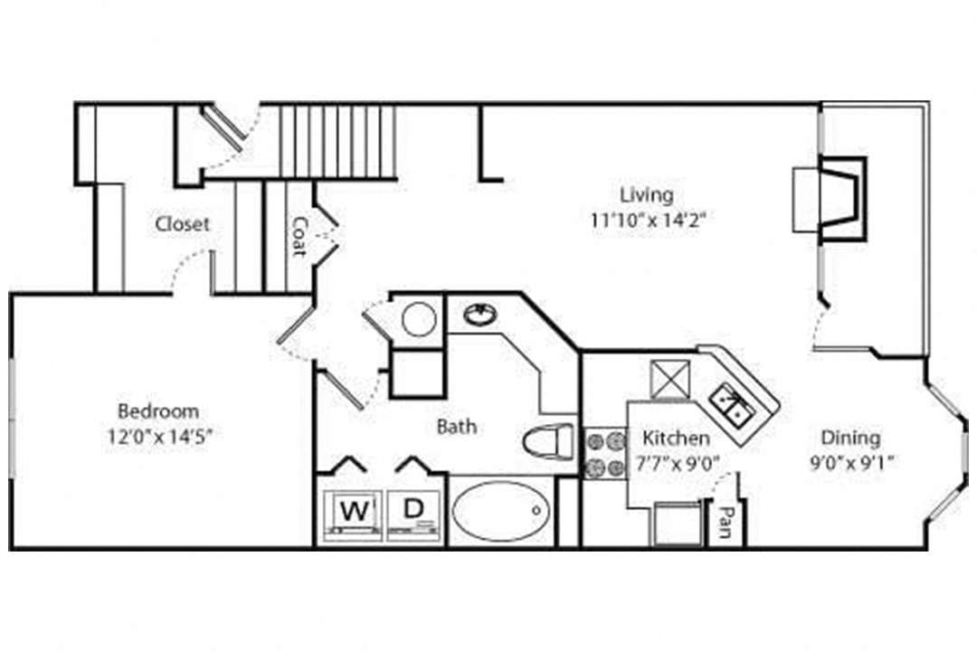 Floor plan for 1 bed, 1 bath, 927 sqft